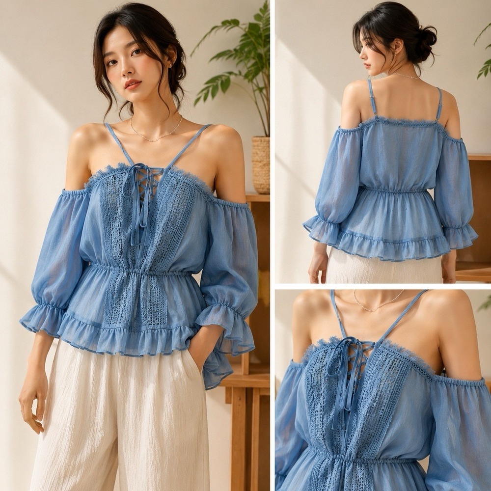 Peplum Light Blue Sheer Off Shoulder Peasant Blouse Size 14 Crochet Ruffle Boho